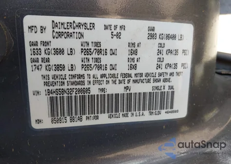 2002 Dodge Durango Slt Plus from USA, damaged, VIN 1B4HS58N32F200605